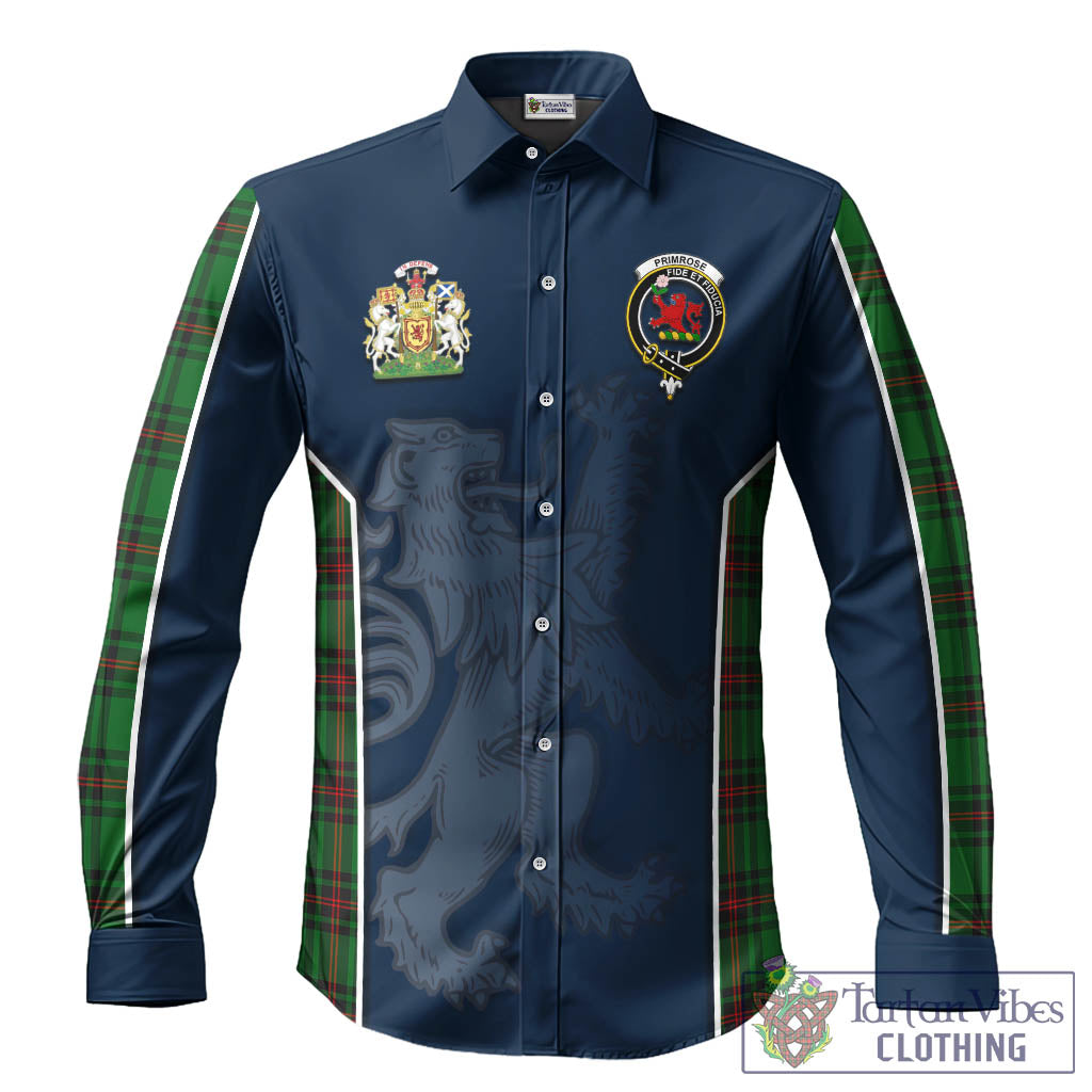 Primrose Tartan Long Sleeve Button Up Shirt with Family Crest and Lion Rampant Vibes Sport Style