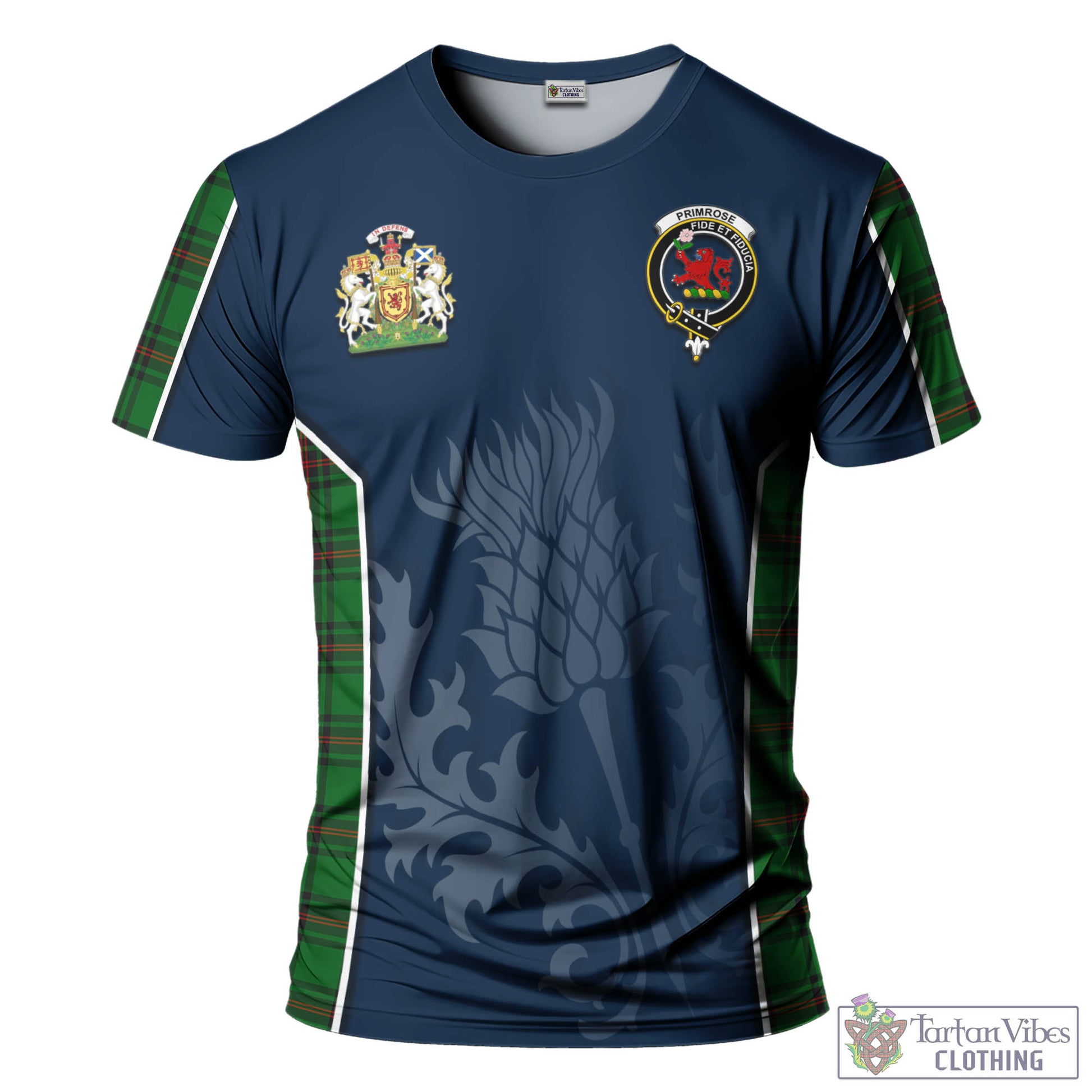 Tartan Vibes Clothing Primrose Tartan T-Shirt with Family Crest and Scottish Thistle Vibes Sport Style