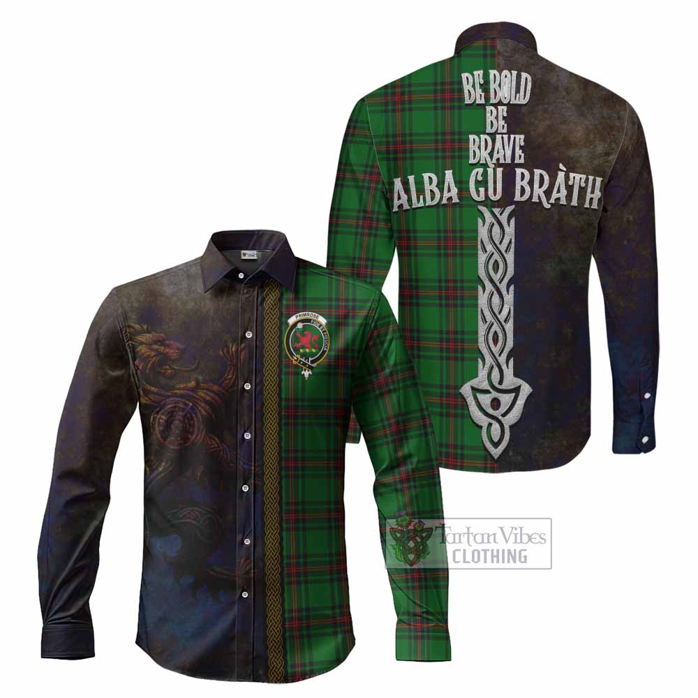 Tartan Vibes Clothing Primrose Tartan Family Crest Long Sleeve Button Shirt Alba Gu Brath Be Brave Lion Ancient Style