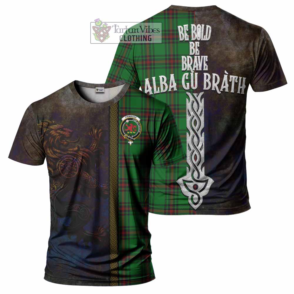 Tartan Vibes Clothing Primrose Tartan Family Crest T-Shirt Alba Gu Brath Be Brave Lion Ancient Style
