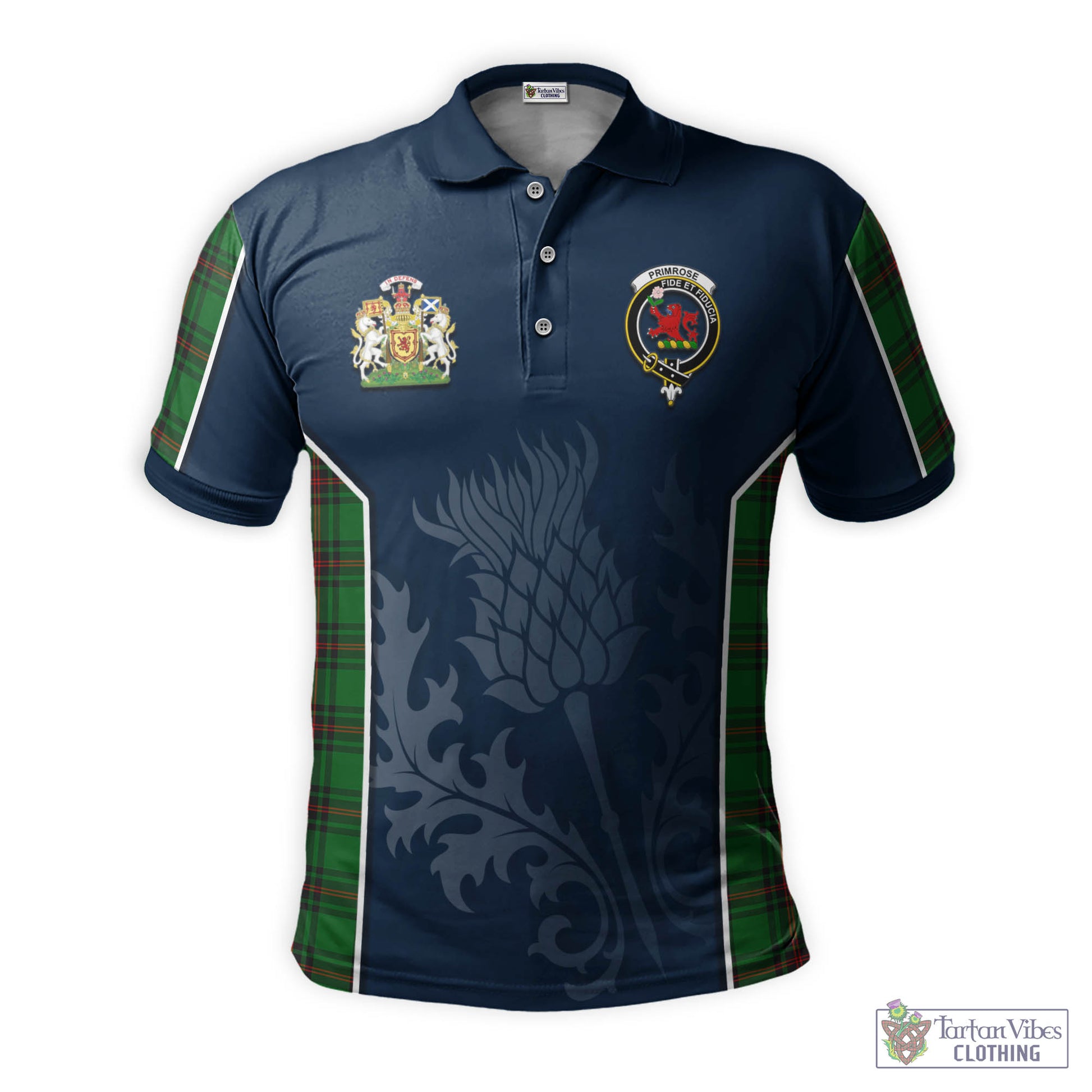 Tartan Vibes Clothing Primrose Tartan Men's Polo Shirt with Family Crest and Scottish Thistle Vibes Sport Style