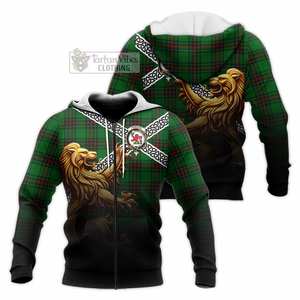 Tartan Vibes Clothing Primrose Crest Tartan Knitted Hoodie with Golden Lion Emblem Celtic Style