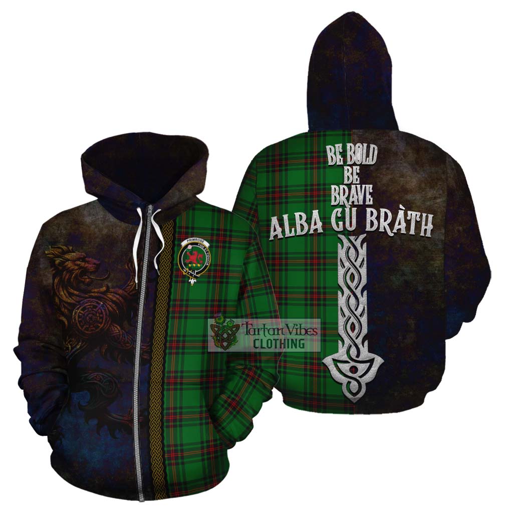 Tartan Vibes Clothing Primrose Tartan Family Crest Cotton Hoodie Alba Gu Brath Be Brave Lion Ancient Style