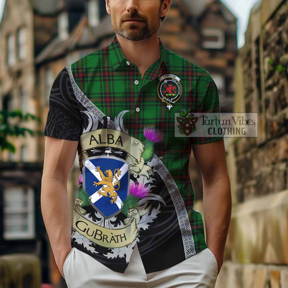 Tartan Vibes Clothing Primrose Tartan Family Crest Short Sleeve Button Shirt Lion Rampant Royal Thistle Shield Celtic Inspired
