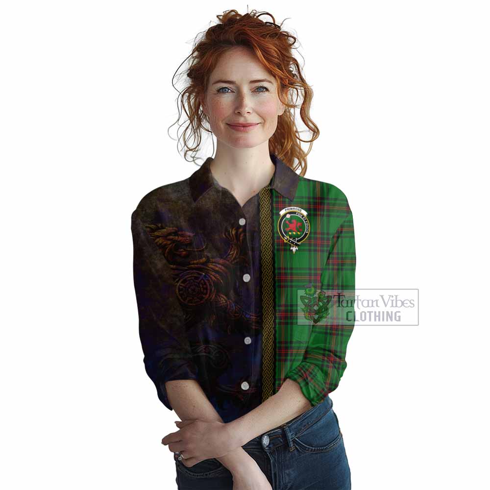 Tartan Vibes Clothing Primrose Tartan Family Crest Women's Casual Shirt Alba Gu Brath Be Brave Lion Ancient Style
