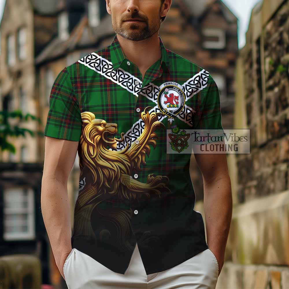 Tartan Vibes Clothing Primrose Crest Tartan Short Sleeve Button Shirt with Golden Lion Emblem Celtic Style