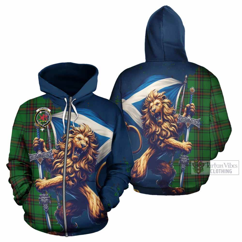 Primrose Tartan Family Crest Hoodie with Scottish Majestic Lion