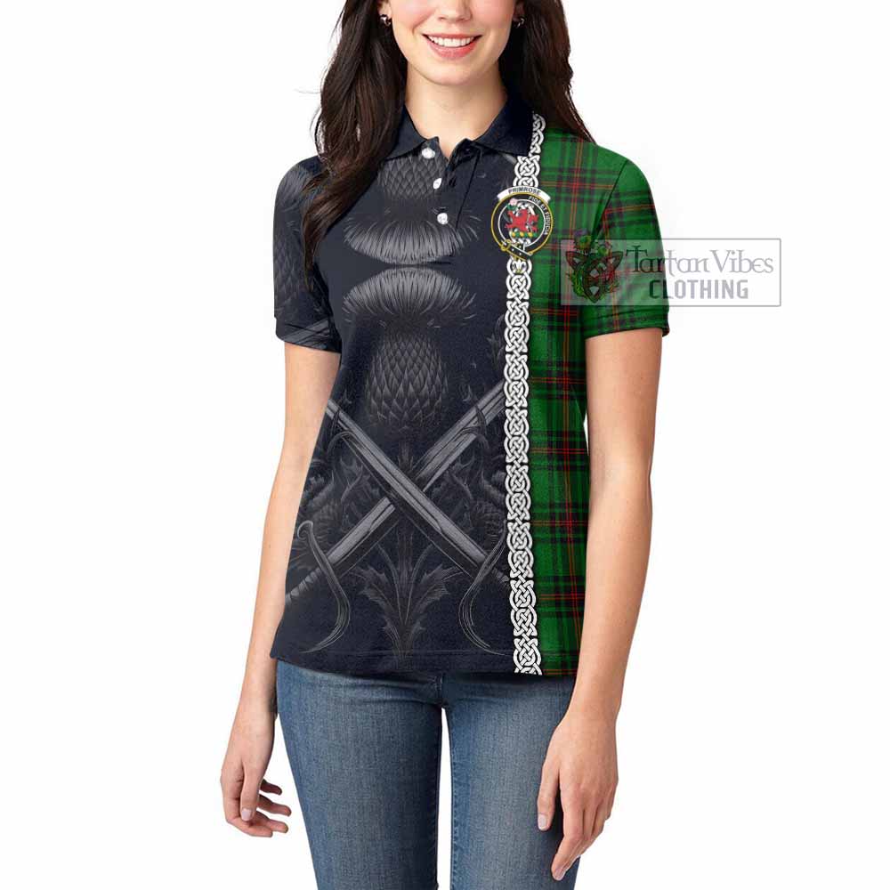 Tartan Vibes Clothing Primrose Tartan Women's Polo Shirt with Family Crest Cross Sword Thistle Celtic Vibes