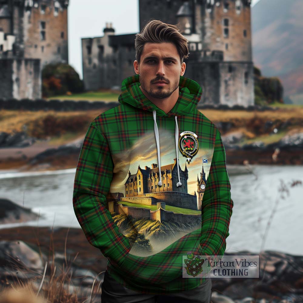Tartan Vibes Clothing Primrose Tartan Family Crest Cotton Hoodie with Scottish Ancient Castle Style