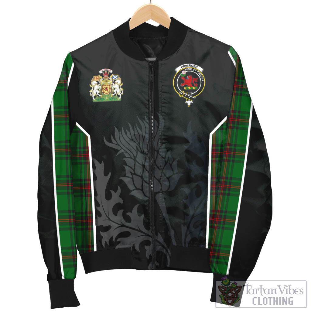 Tartan Vibes Clothing Primrose Tartan Bomber Jacket with Family Crest and Scottish Thistle Vibes Sport Style
