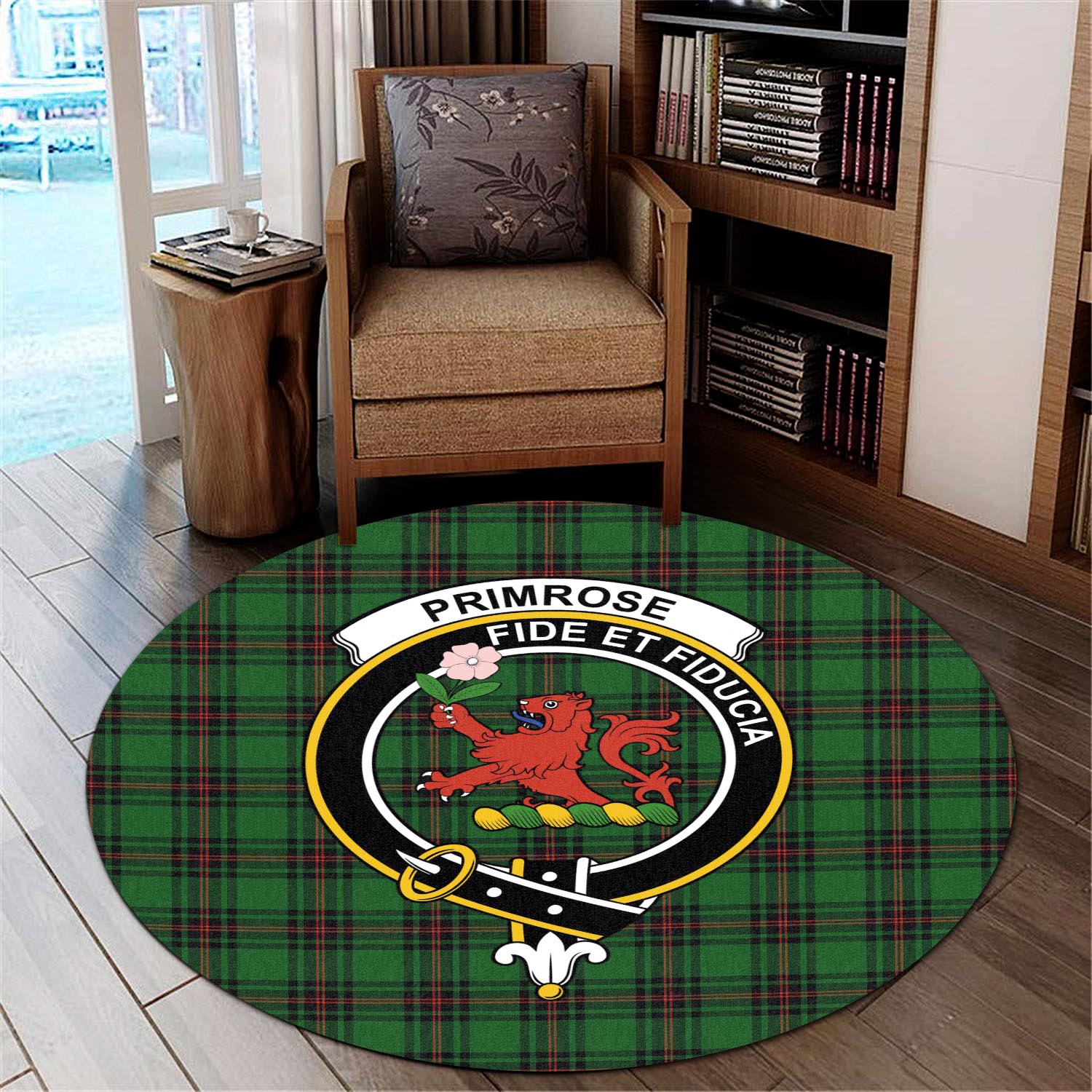 primrose-tartan-round-rug-with-family-crest