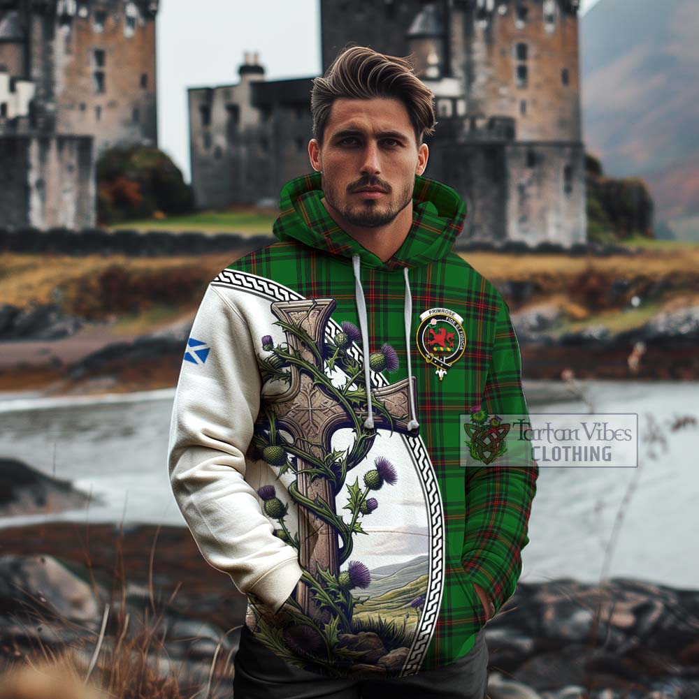 Tartan Vibes Clothing Primrose Tartan Cotton Hoodie with Family Crest and St. Andrew's Cross Accented by Thistle Vines