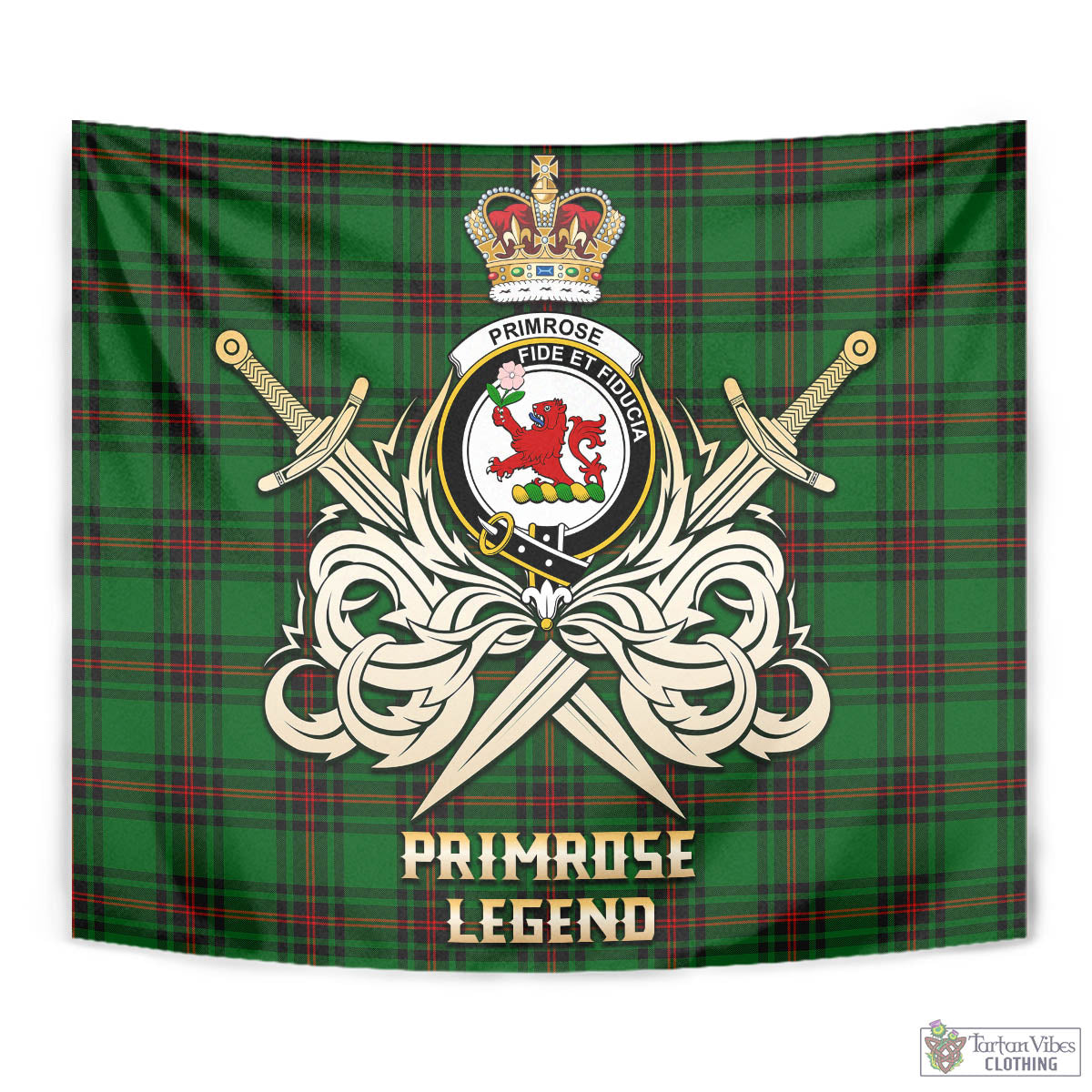 Tartan Vibes Clothing Primrose Tartan Tapestry with Clan Crest and the Golden Sword of Courageous Legacy