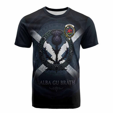 Primrose Clan Crest Cotton T-shirt with Celtic Knot Thistle and Saltire