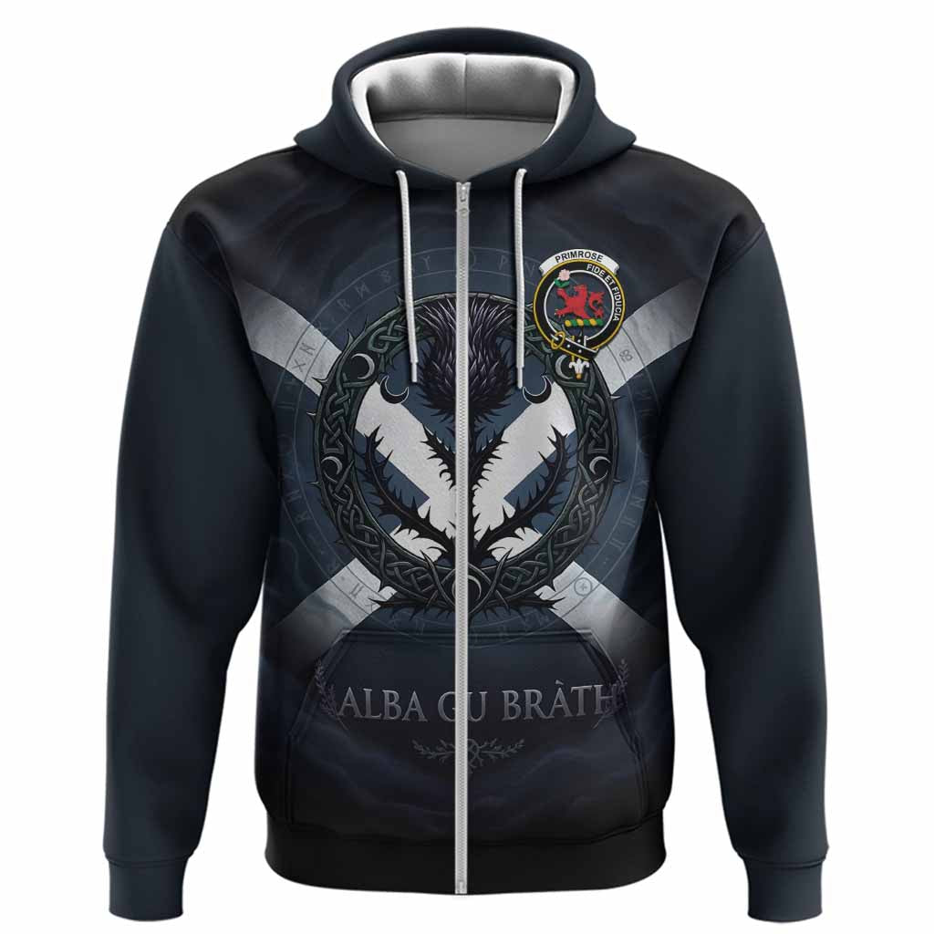 Primrose Clan Crest Hoodie with Celtic Knot Thistle and Saltire