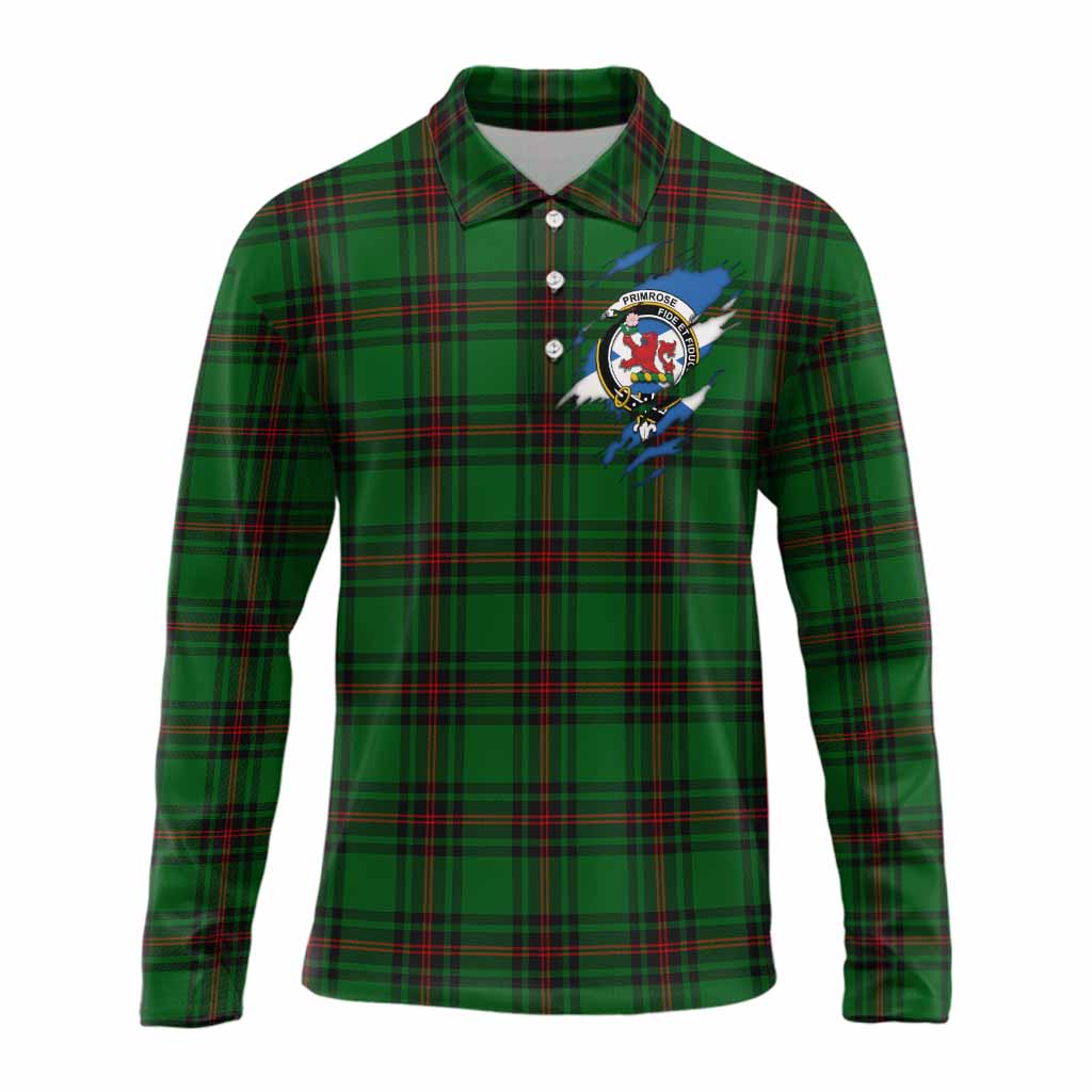 Primrose Clan Crest In Me Tartan Long Sleeve Polo Shirt Scotland Flag Style