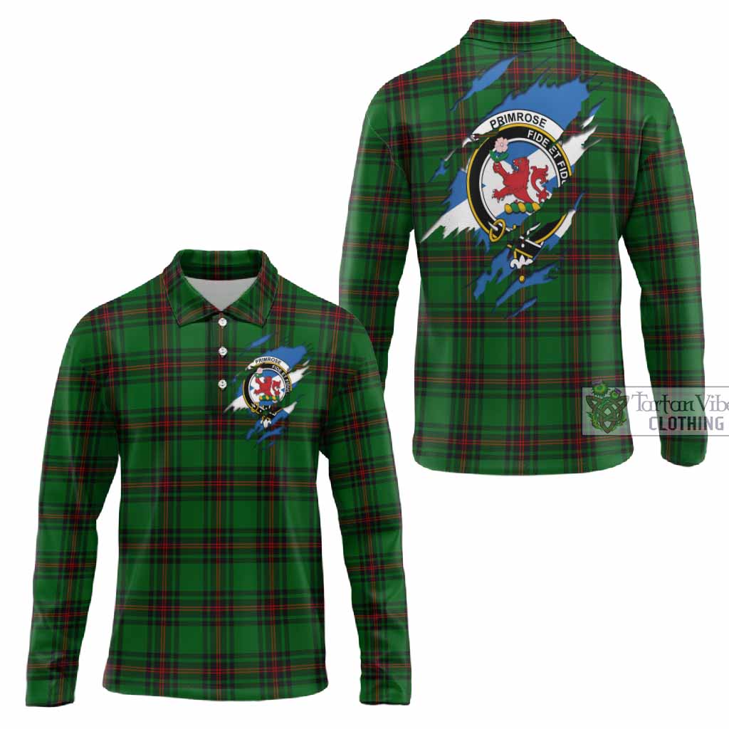 Primrose Clan Crest In Me Tartan Long Sleeve Polo Shirt Scotland Flag Style