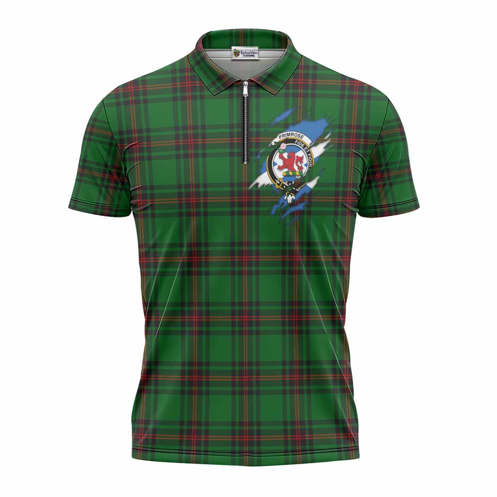 Primrose Clan Crest In Me Tartan Zipper Polo Shirt Scotland Flag Style