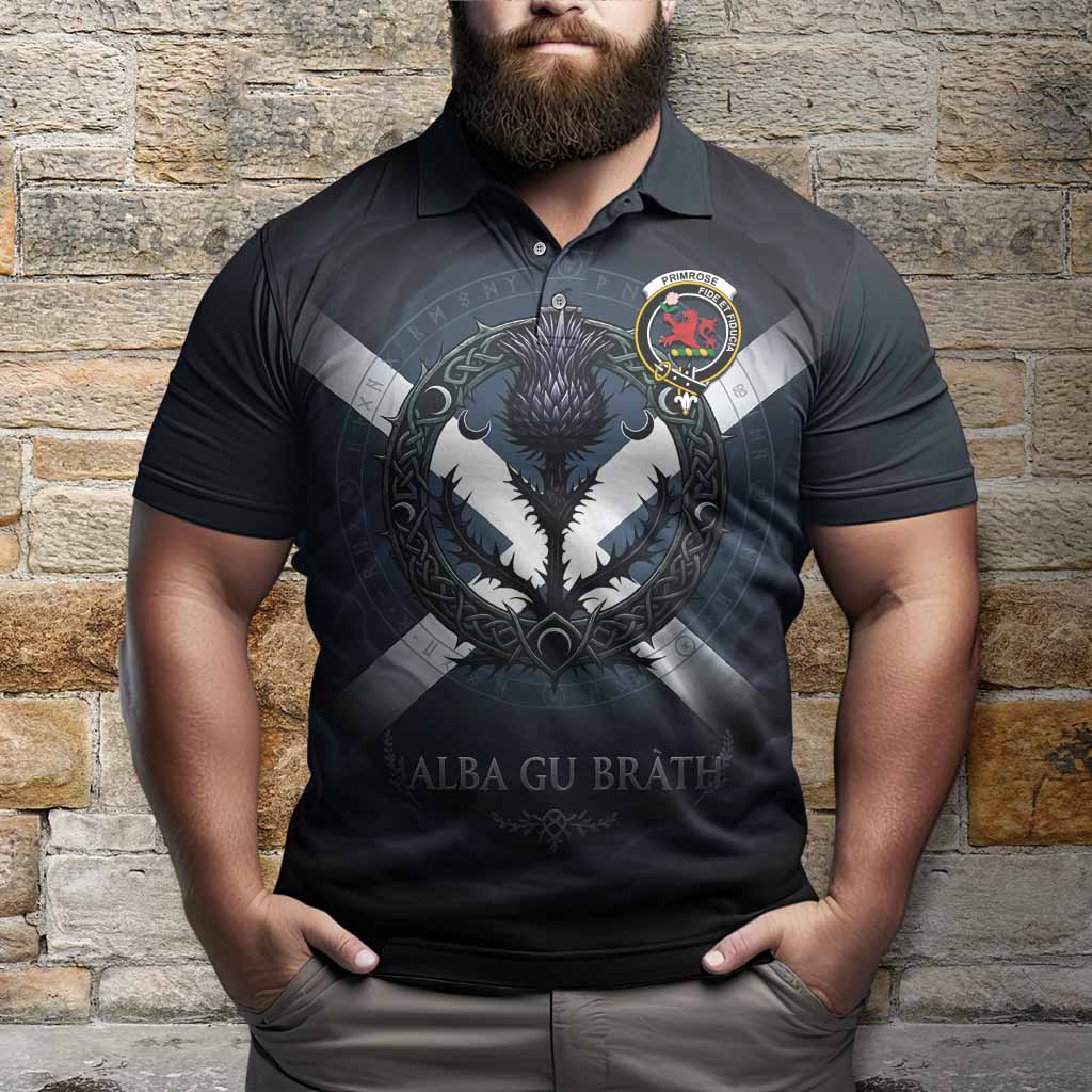 Primrose Clan Crest Polo Shirt with Celtic Knot Thistle and Saltire