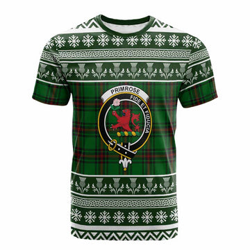 Primrose Clan Tartan Christmas Cotton T-shirt with Family Crest