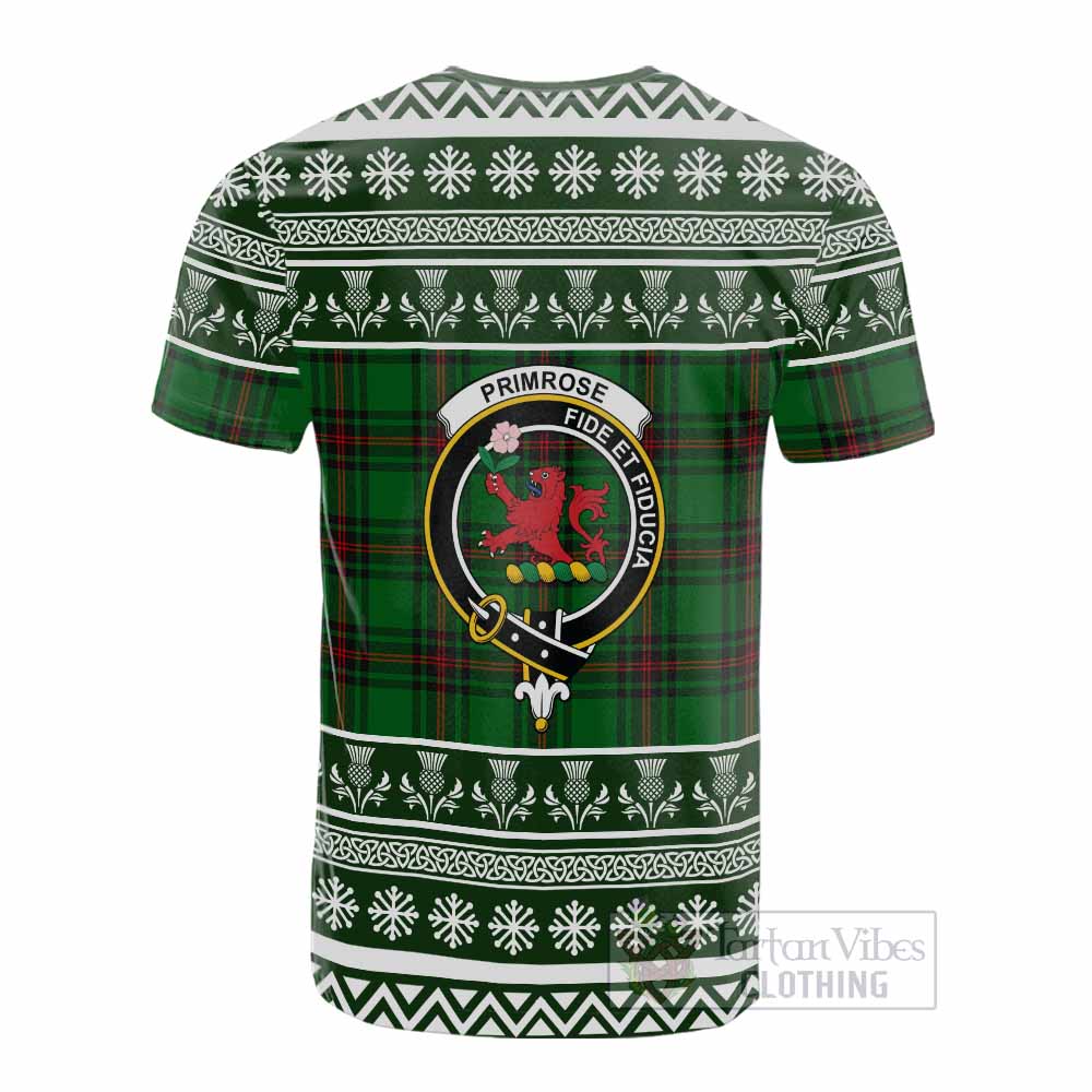 Primrose Clan Tartan Christmas Cotton T-shirt with Family Crest - Tartan Vibes Clothing