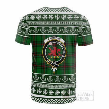 Primrose Clan Tartan Christmas Cotton T-shirt with Family Crest