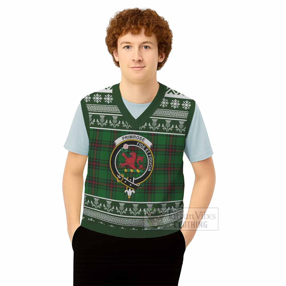 Primrose Clan Tartan Christmas Knitted V-Neck Vest with Family Crest - Tartan Vibes Clothing