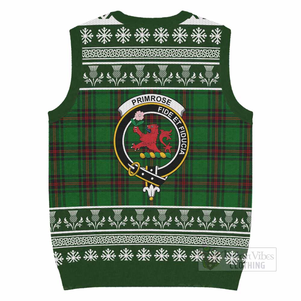 Primrose Clan Tartan Christmas Knitted V-Neck Vest with Family Crest - Tartan Vibes Clothing