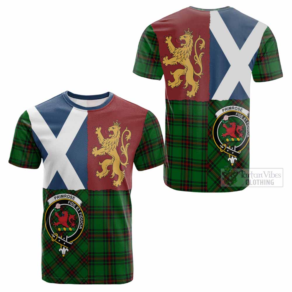 Primrose Crest Tartan Cotton T-shirt with Lion Rampant Saltire Style - Tartan Vibes Clothing