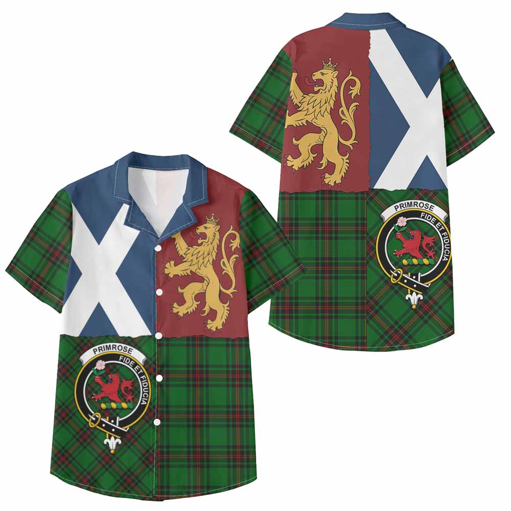 Primrose Crest Tartan Kid Hawaiian Shirt with Lion Rampant Saltire Style - Tartan Vibes Clothing