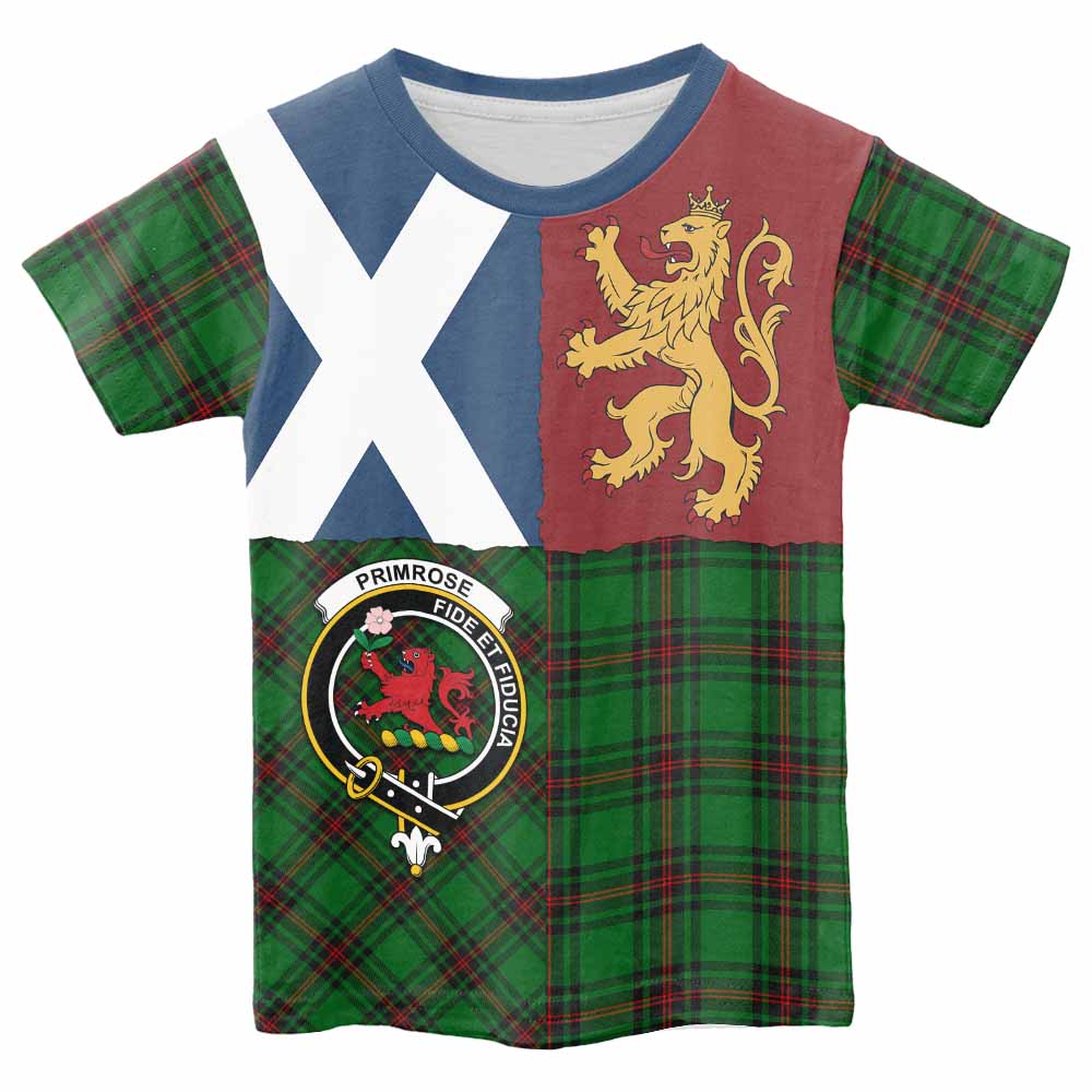 Primrose Crest Tartan Kid T-shirt with Lion Rampant Saltire Style - Tartan Vibes Clothing