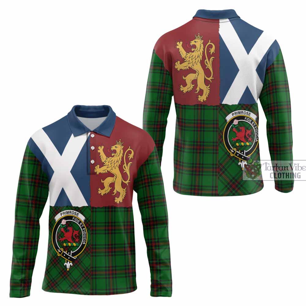 Primrose Crest Tartan Long Sleeve Polo Shirt with Lion Rampant Saltire Style