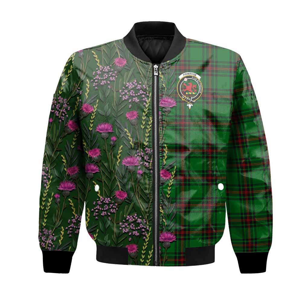 Primrose Family Crest Tartan Bomber Jacket Scottish Thistle Flower Pattern Half Style - Tartan Vibes Clothing