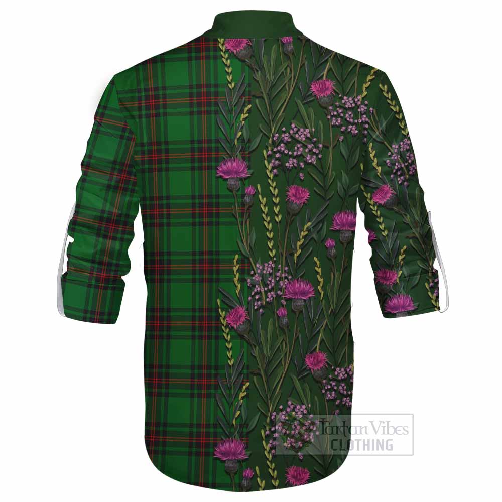 Primrose Family Crest Tartan Ghillie Shirt Scottish Thistle Flower Pattern Half Style - Tartan Vibes Clothing