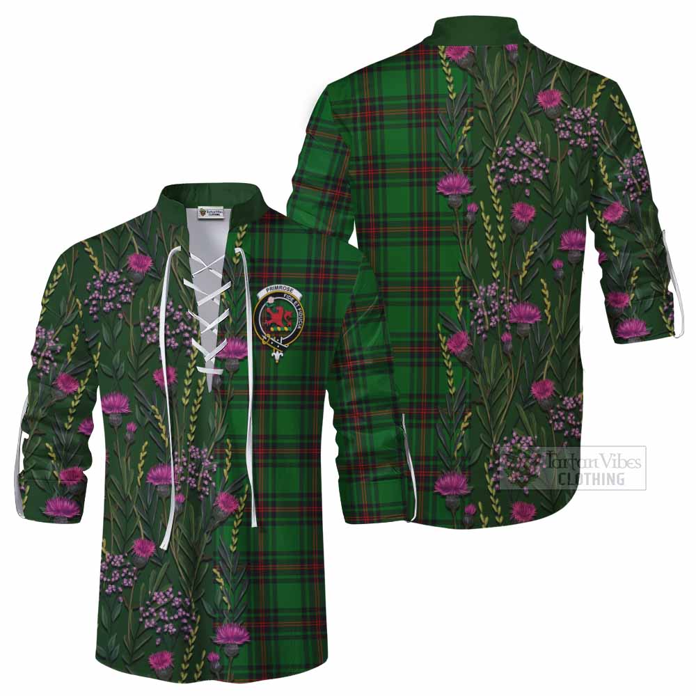 Primrose Family Crest Tartan Ghillie Shirt Scottish Thistle Flower Pattern Half Style - Tartan Vibes Clothing
