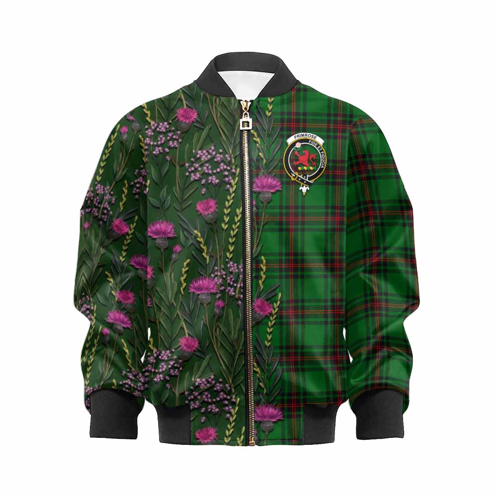 Primrose Family Crest Tartan Kid Bomber Jacket Scottish Thistle Flower Pattern Half Style - Tartan Vibes Clothing