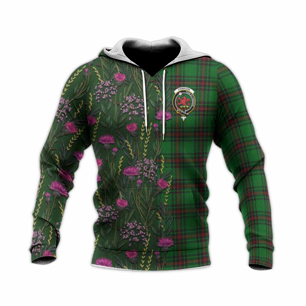 Primrose Family Crest Tartan Knitted Hoodie Scottish Thistle Flower Pattern Half Style - Tartan Vibes Clothing