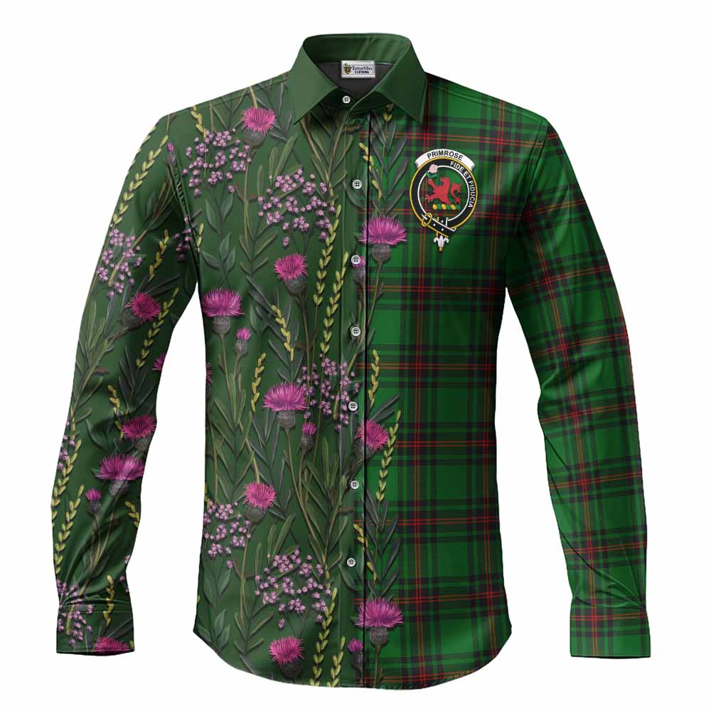 Primrose Family Crest Tartan Long Sleeve Button Shirts Scottish Thistle Flower Pattern Half Style - Tartan Vibes Clothing