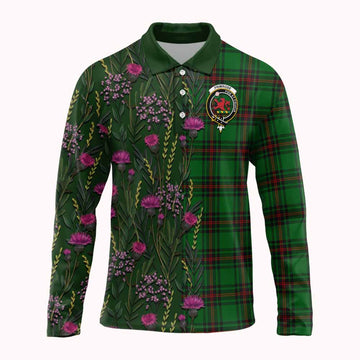Primrose Family Crest Tartan Long Sleeve Polo Shirt Scottish Thistle Flower Pattern Half Style