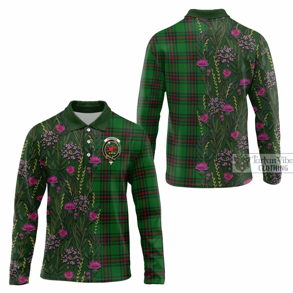 Primrose Family Crest Tartan Long Sleeve Polo Shirt Scottish Thistle Flower Pattern Half Style - Tartan Vibes Clothing