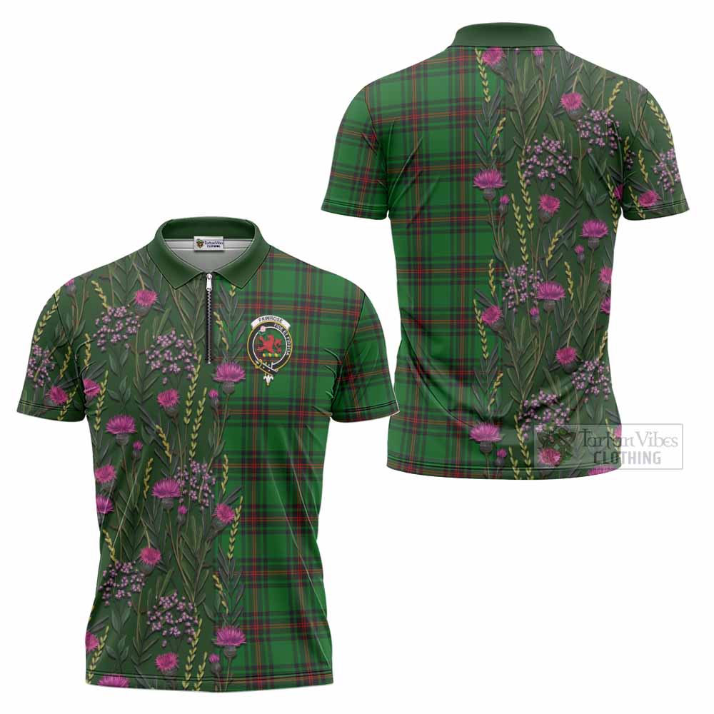 Primrose Family Crest Tartan Zipper Polo Shirt Scottish Thistle Flower Pattern Half Style - Tartan Vibes Clothing