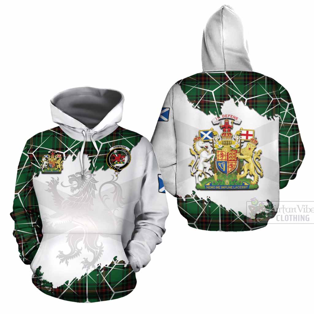 Primrose Tartan Cotton Hoodie with Family Crest and Lion Rampant Grunge Style