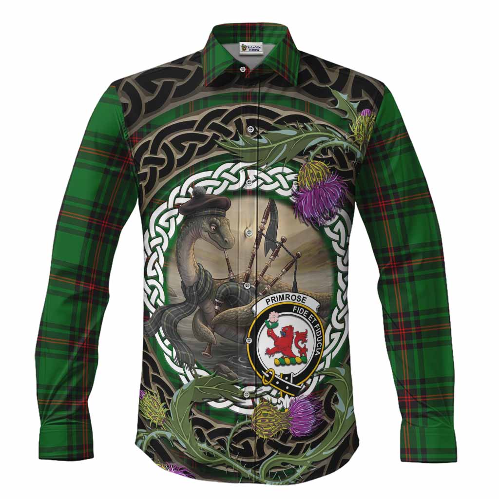 Primrose Tartan Crest Bagpipe Nessie Long Sleeve Button Shirts Scottish Loch Ness Monster Celtic Thistle