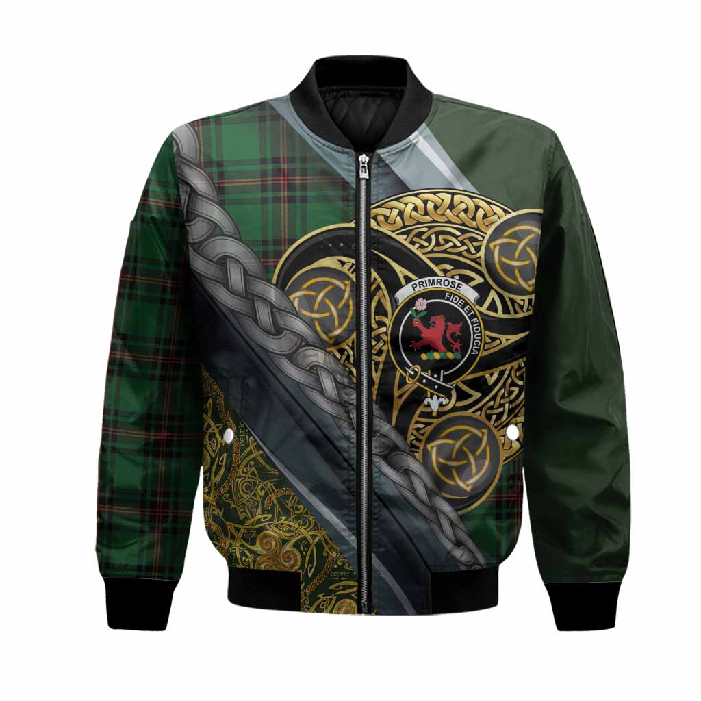 Primrose Tartan Crest Bomber Jacket Scottish Triskele Celtic