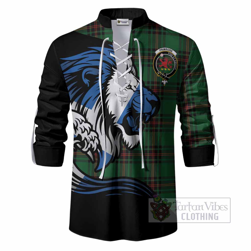 Primrose Tartan Crest Ghillie Shirt Scottish Golden Lions Wave Flow