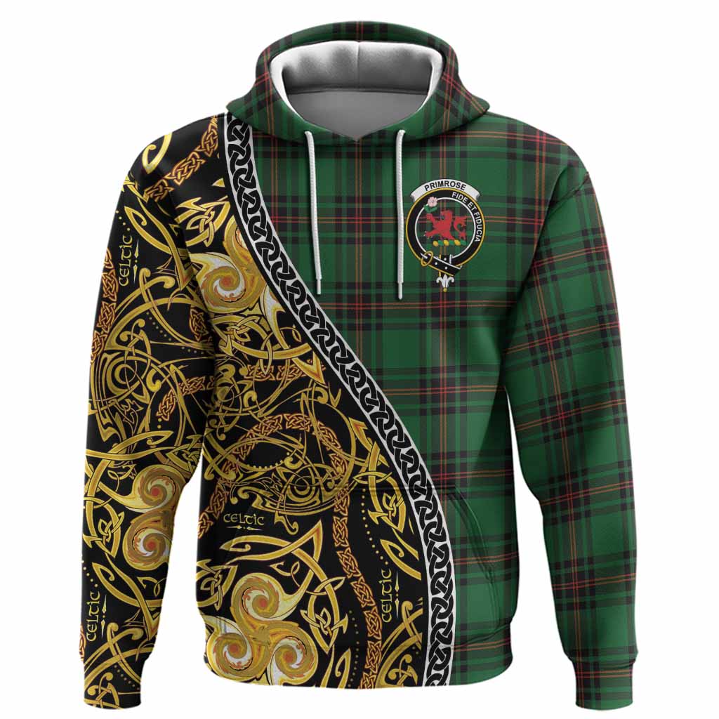 Primrose Tartan Crest Hoodie Celtic Knot and Triple Trickle Spiral Symbols