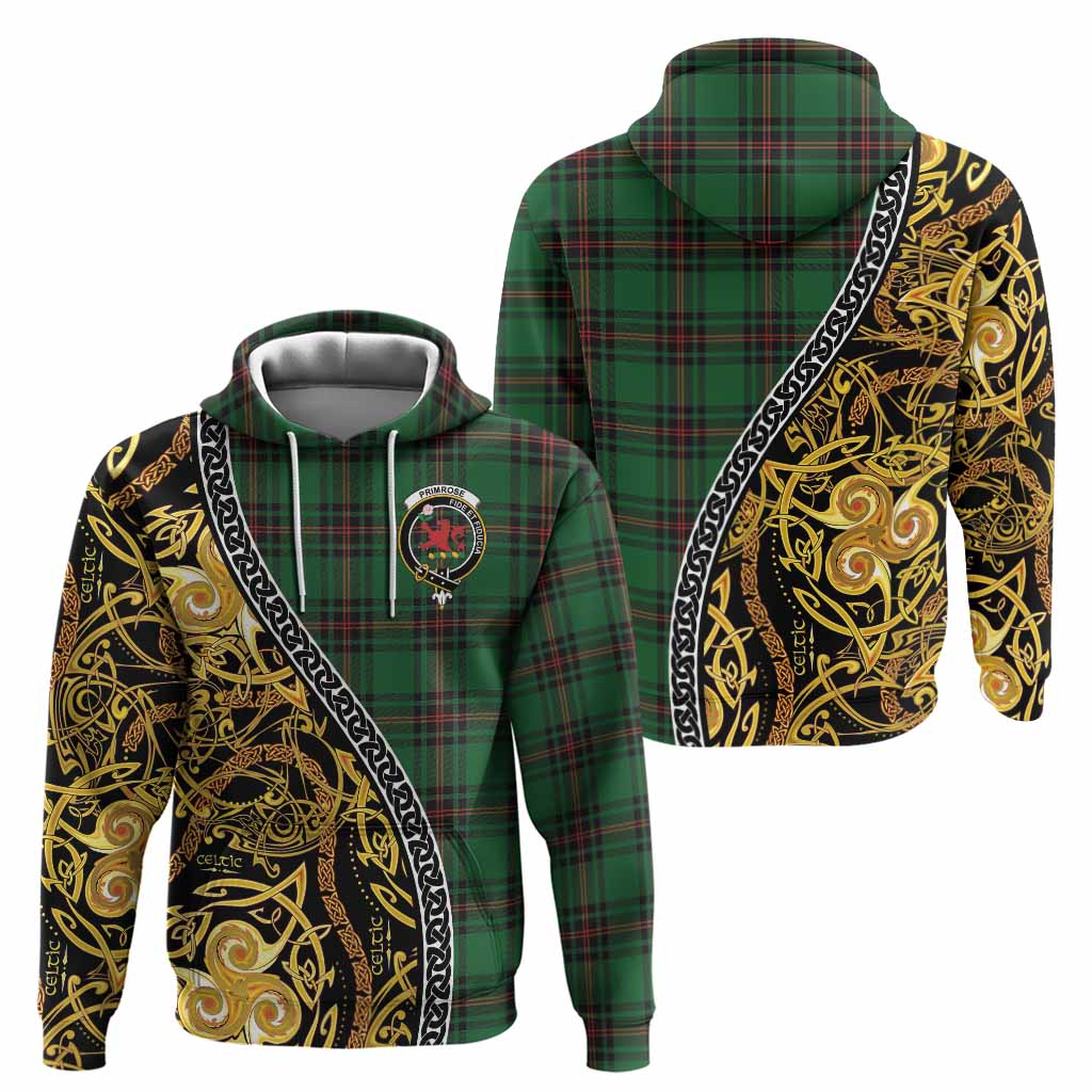 Primrose Tartan Crest Hoodie Celtic Knot and Triple Trickle Spiral Symbols
