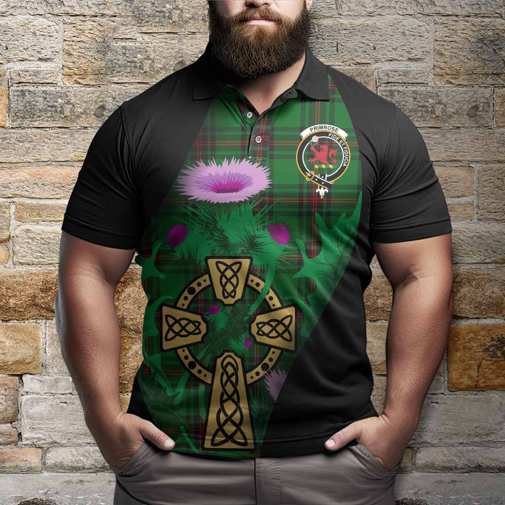 Primrose Tartan Crest Polo Shirt Celtic Cross Thistle Flowers