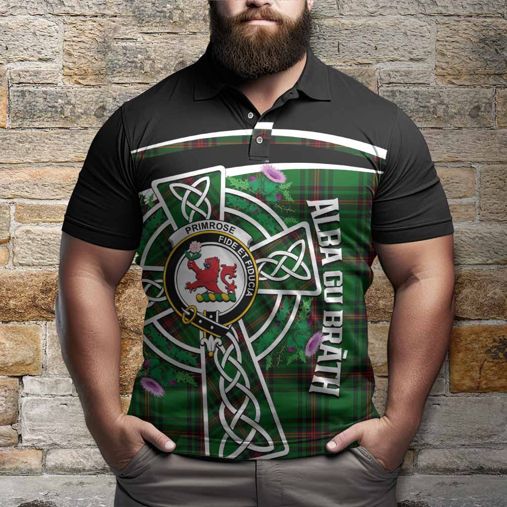 Primrose Tartan Crest Polo Shirt Scottish Thistle Celtic Cross Alba Gu Brath