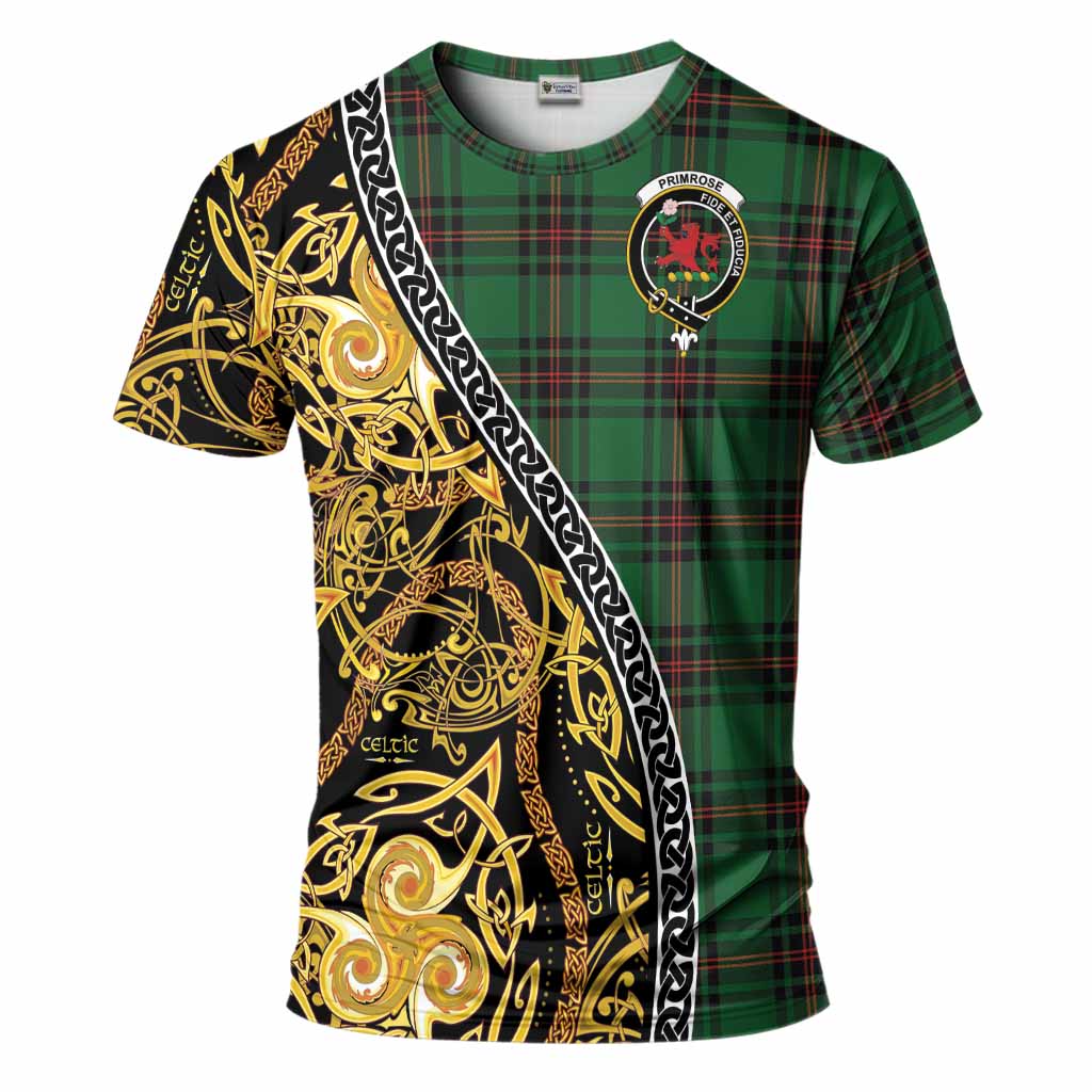 Primrose Tartan Crest T-Shirt Celtic Knot and Triple Trickle Spiral Symbols